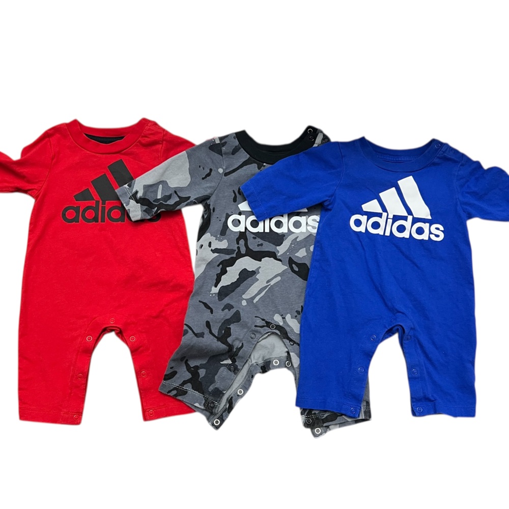 Adidas Infant Romper Trio - Red, Blue, Camo 3 months Bundle